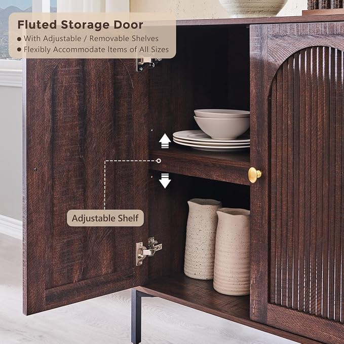 IFGET 61.75" W Modern Arched Sideboard Buffet Cabinet with Storage, Brown | Fluted Arch Sideboard Cabinet w/Adjustable Shelves, Wooden Modular Kitchen Cabinet for Dining& Living Room, Entryway