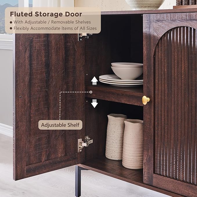 IFGET 92.63" W Modern Arched Sideboard Buffet Cabinet with Storage, Brown | Fluted Arch Sideboard Cabinet w/Adjustable Shelves, Wooden Modular Kitchen Cabinet for Dining& Living Room, Entryway