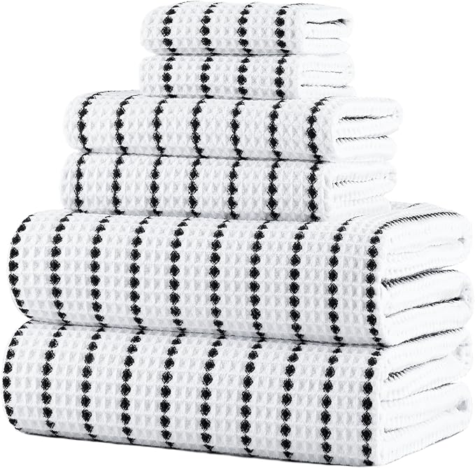 POLYTE 430 GSM Microfiber Quick Dry Lint Free Oversize Bath Towel Set, 6 Piece (Waffle Weave)