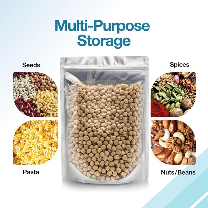 BELLE KR® 7x10 Quart Mylar Bags for Food Storage - Pack Of 100-7.5mil Thick - Gusseted Bottom - Clear Mylar Bags with See Through Window for Freeze Drying food - Labels Included