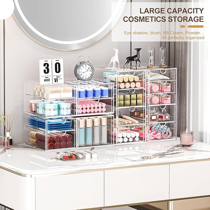 caktraie Makeup Organizer Storage With 16 Drawers, 4 Pcs Desktop Office Supplies, Desk Organizers, Clear Accessories, Dustproof Storage Drawer and for Make Up, Jewelry, Pen, Stationary