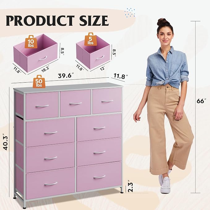 WLIVE 9 Drawer Dresser, Fabric Storage Tower for Bedroom, Hallway, Closet, Tall Chest Organizer Unit for Bedroom with Fabric Bins, Steel Frame, Wood Top, Easy Pull Handle, A-Pink