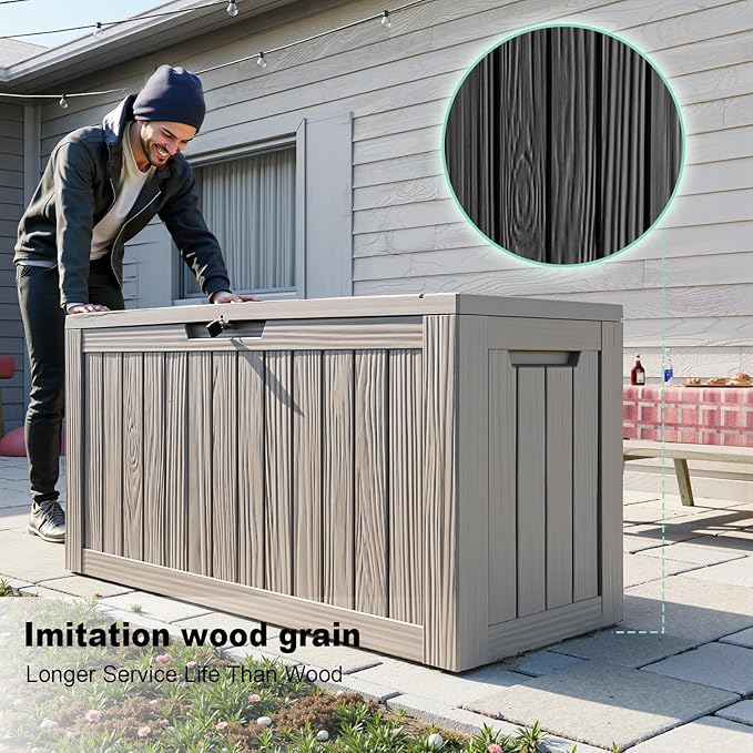 DRATO 85 Gallon Outdoor Storage Box Waterproof, Lockable Resin Deck Box for Patio Furniture, Pool Supplies & Garden Tools, Weatherproof Outside Storage Bin for Backyard Porch (Grey, 85 Gallon)