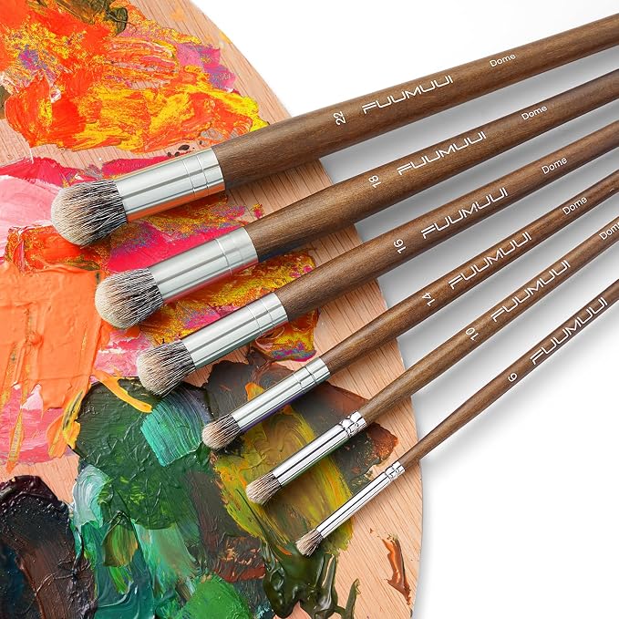 Fuumuui Professional Paint Brush Set, 6Pcs Natural Badger Hair with Dome Shape Blending Mop Oil Paint Brushes for Acrylic Painting Oil and Gouache