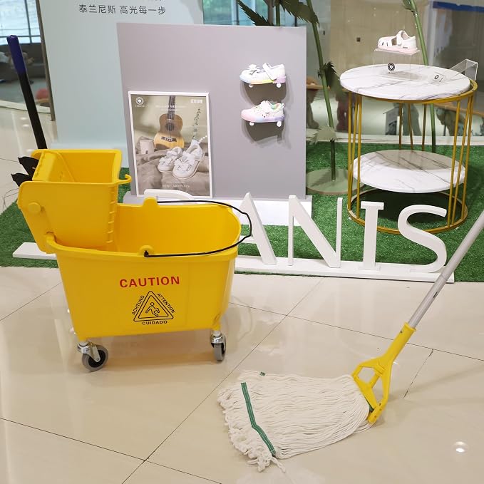 Midoneat Commercial Mop Bucket with Side Press Wringer on Wheels | 35 Quart, Yellow, Including One Commercial Mop