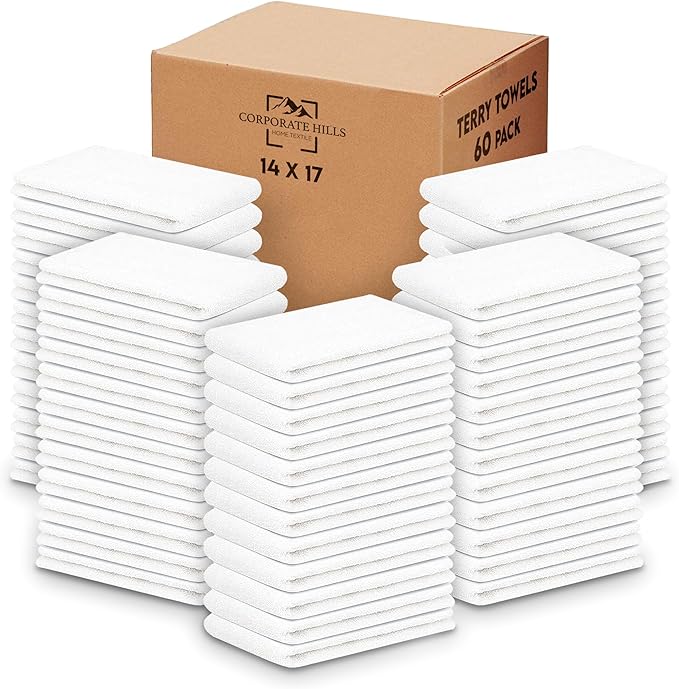 Terry Bar Mop Towels - 60 Pack (14"x17") White Cotton Terry Cloths, Super Absorbent Cleaning Rags, Reusable Bar Mop Towels for Kitchen, Garage, Salon, Spa & Commercial Use