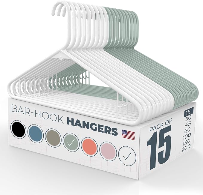 Plastic Hangers 15 Pack - Made in the USA - 6lb Capacity Standard Clothes Hangers with Strap Hooks for Dresses, Lingerie, Shirts, Pants, and Jackets - White & Mint