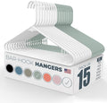 Plastic Hangers 15 Pack - Made in the USA - 6lb Capacity Standard Clothes Hangers with Strap Hooks for Dresses, Lingerie, Shirts, Pants, and Jackets - White & Mint