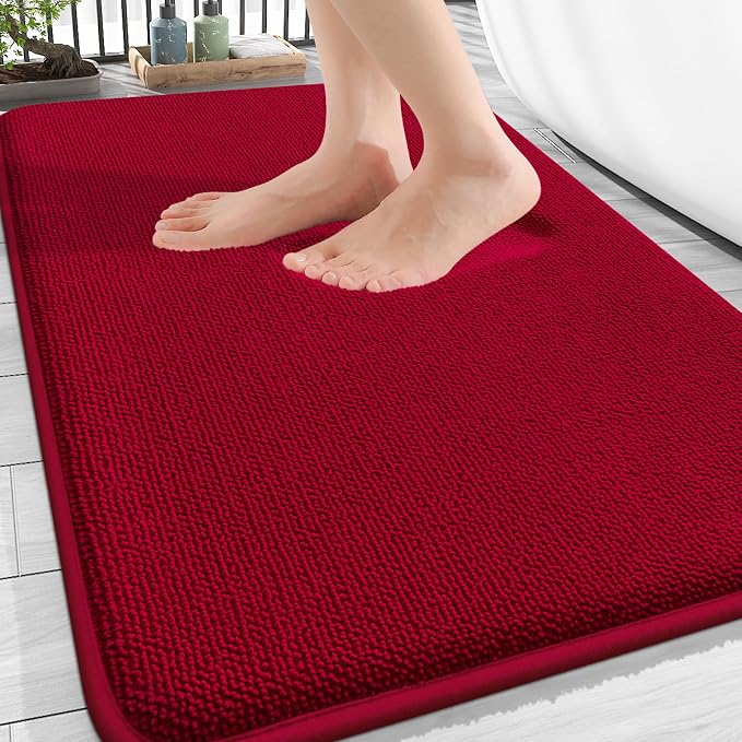 OLANLY Thick Memory Foam Bathroom Rugs 30x20, Soft Absorbent Bath Mat, Red | Quick Dry Bath Mat Rugs, Non-Slip Mats, Machine Washable Carpet for Bathroom Floor, Tub and Shower, Home Decor Accessories