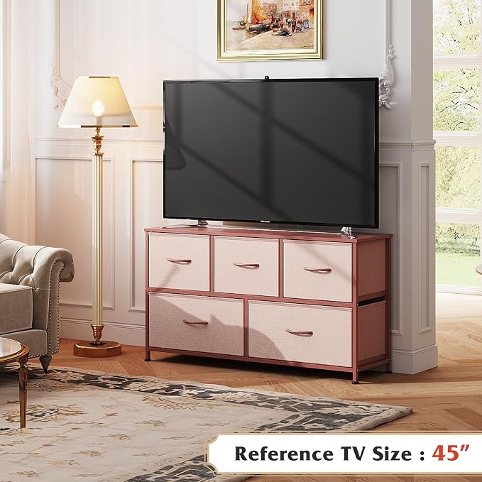 WLIVE Wide Dresser for Bedroom, 5 Drawer Chest of Drawers, Pink | 5 roomy fabric drawers, Wide storage design, Bedroom or closet use, Sturdy steel frame, Smooth wood tabletop