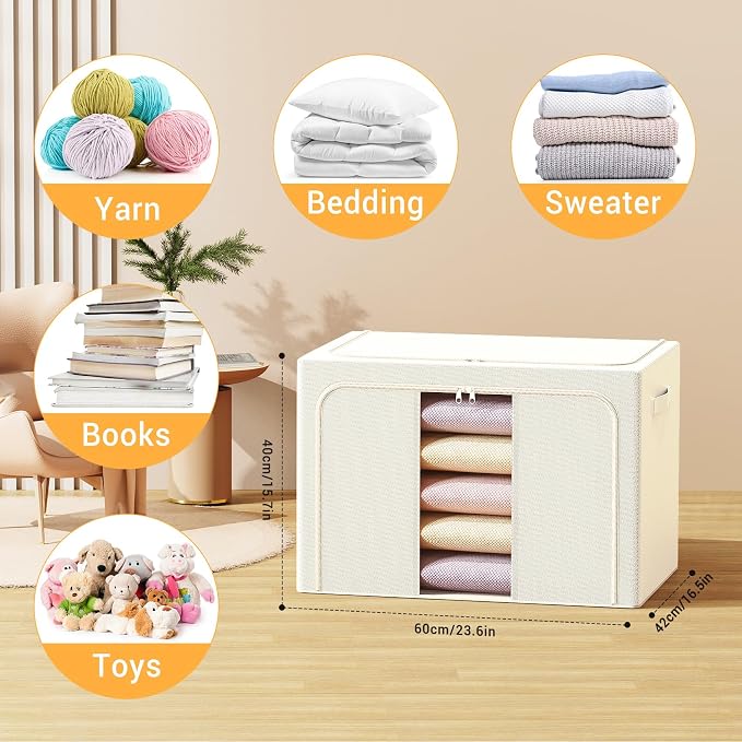 Clothes Storage Bins with Metal Frame, Foldable Clothes Organizers Storage Containers for Clothes, Sheets, Blankets, Pillows and Towels (100L, 3 Pack) Beige