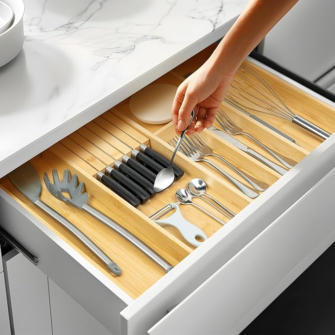VaeFae Bamboo Silverware Drawer Organizer Kitchen, Expandable Utensil Organizer with Knife Block, Cutlery Tray with Divider, Multifunctional Drawer Organizer