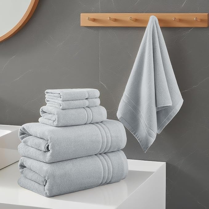 REDKISS Light Grey Towels Set 6 Piece Cotton Towel Sets with 2 Bath Towels, 2 Hand, 2 Washcloths, 650GSM Hotel Quality, Soft, Highly Absorbent Towels for Bathroom Gym, Ideal Everyday Use