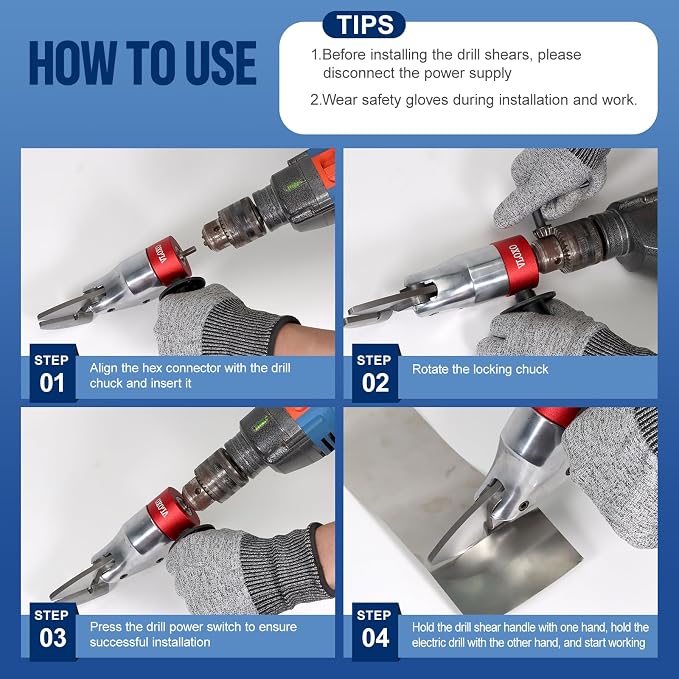 VlOXO Metal Shears Drill Attachment,Sheet Metal Cutter with 360 Degree Pivoting Handle Professional Sheet Metal Tools for Cut Steel, Sheet Metal Cutter Drill Attachment Can Curved and Straight Cutting