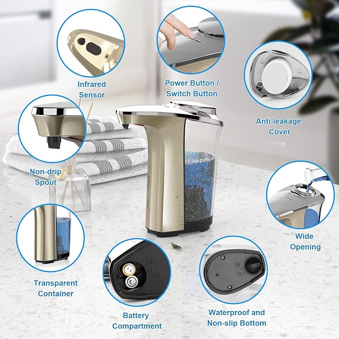 PZOTRUF Automatic Soap Dispenser, Touchless Dish Soap Dispenser 17oz/500ml with Infrared Sensor, 5 Adjustable Soap Dispensing Levels, Liquid Hand Dispenser for Bathroom Kitchen Sink(Champagne Gold)