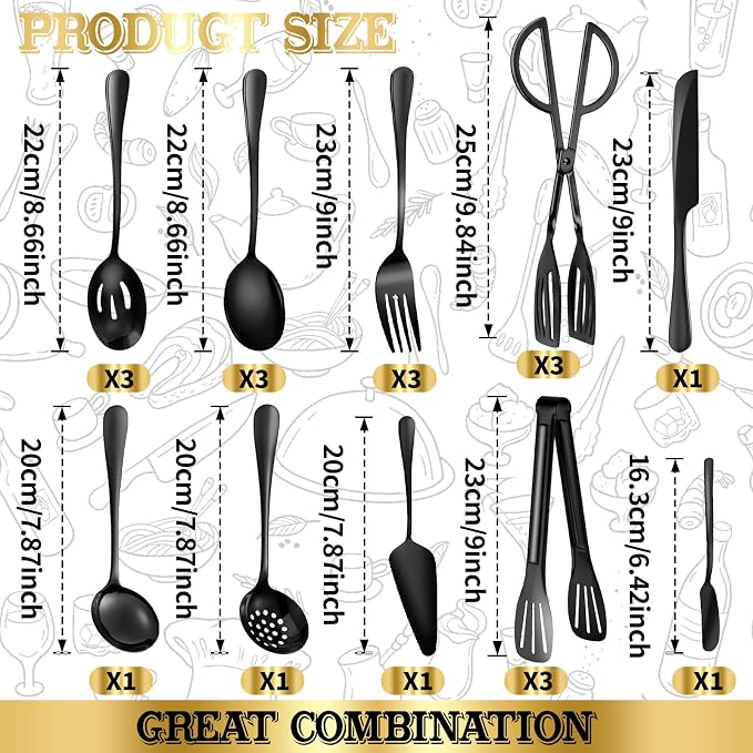 20 PCS Serving Utensil Set - Stainless Steel Complete Buffet Catering Utensils for Summer BBQ, Grilling, Picnic, Parties & Family Gatherings - Outdoor Serving Set (Black)