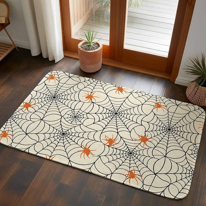 Halloween Bathroom Rugs Non Slip Washable Bath Mat Absorbent Low Pile Front Door Mat Orange Black Net Classic Spiders Gingham Indoor Doormat for Kitchen Entryway Shower Decor Accessories 15.7"x23.6"