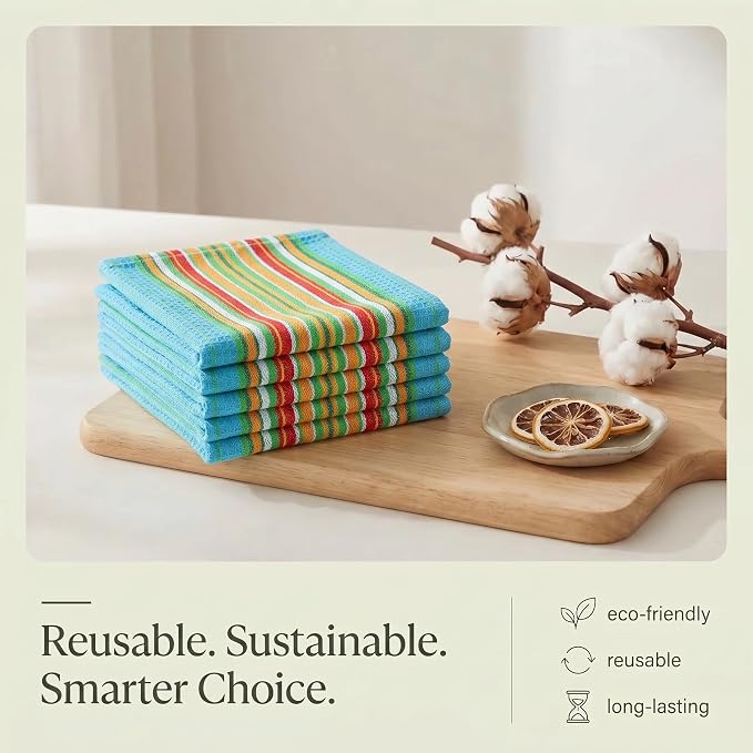 Urban Villa Kitchen Towels Waffle Stripes Dish Towels for Kitchen Azure Color Set of 6 Kitchen Towels Highly Absorbent Cotton Over Sized 20X30 in with Mitered Corners Kitchen Hand Tea Towels