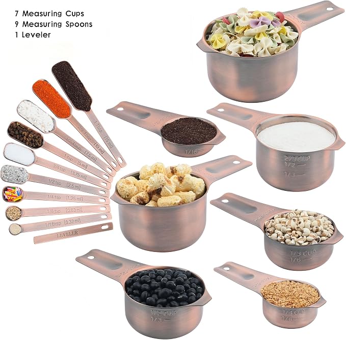 Copper Measuring Cups and Spoons Set 17, Stainless Steel 7 Measuring Cup and 9 Spoons for Dry & Liquid, Metric & US Metal Measuring Cups and Spoons Set &Leveler for Baking & Kitchen