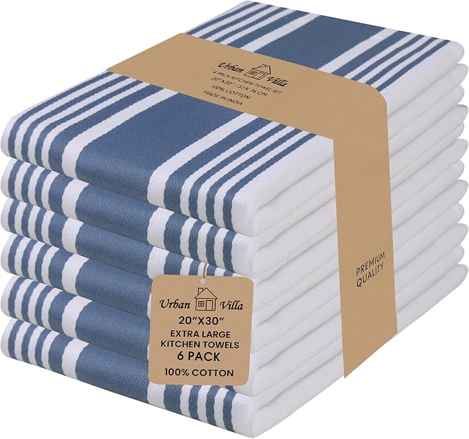 Urban Villa Kitchen Towels Cotton Dish Towels 20”x30” (Set of 6) Blue Wht