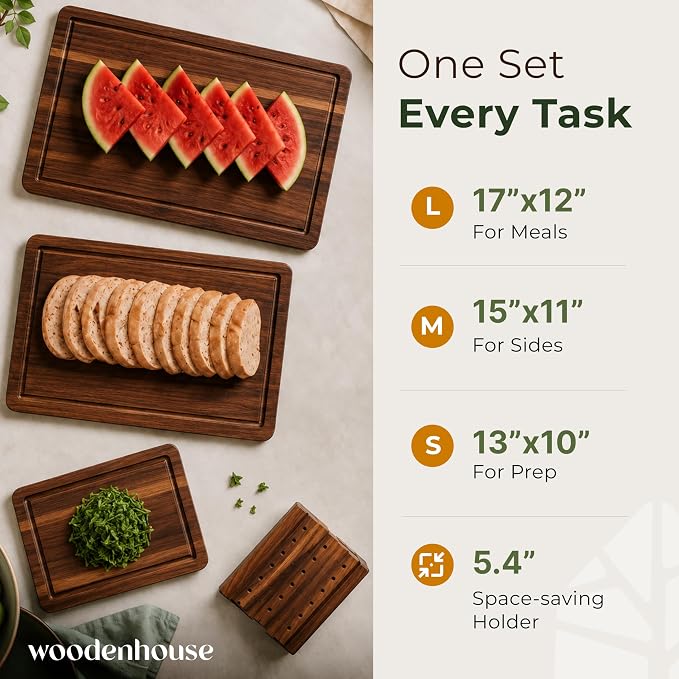 Acacia Wood Cutting Board Set of 3 with Holder & Juice Grooves | Built-in Handles, Durable – for Chopping, Food Prep & Serving as a Charcuterie Platter