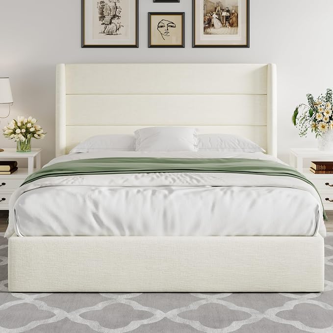 Allewie Full Size Chenille Lift Up Hydraulic Storage Bed Frame Cream White | Chenille Fabric Upholstered, Modern Wingback Headboard, Hydraulic Support Storage, No Box Spring Needed