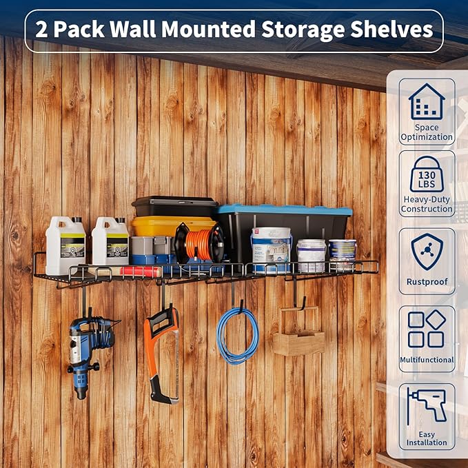2 Pack Garage Wall Shelf, Wall Mounted Storage Shelves, Heavy Duty Metal Shelves for Room Wall, Loads 80 LBS Floating Shelves Mesh Storage Rack for Garage, Office, Basement,Wall Cabinet and Kitchen