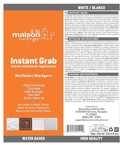 À LA MAISON CEILINGS Instant Grab - Ceiling Tile Wall Panel & Crown Molding Adhesive - High-Strength Water-Resistant Glue for Indoor/Outdoor Use - Easy-Apply Quick-Bond Formula (12-Pack)