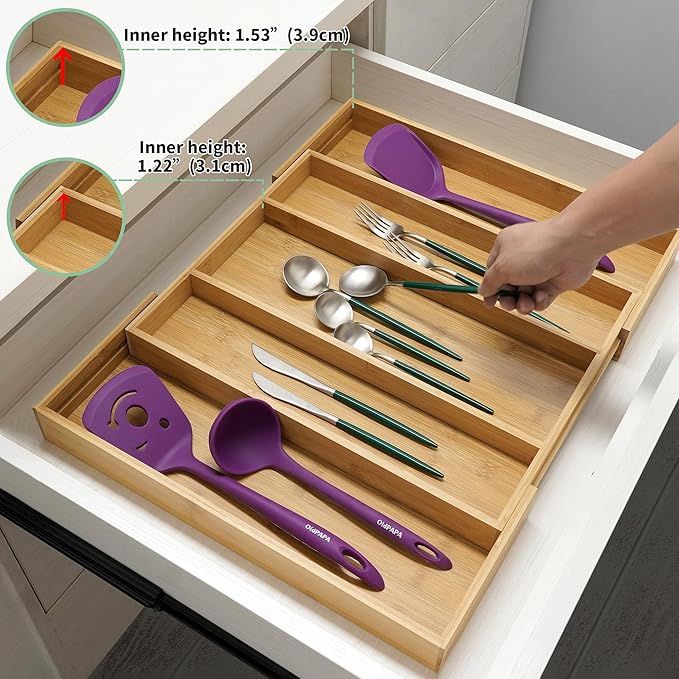 Utoplike Bamboo Expandable Kitchen Drawer Organizer, Adjustable Utensil Holder and Cutlery Tray Organiser, Drawer Divider for Silverware, Flatware, Knives in Kitchen, Bedroom, Living Room, 5 Slot