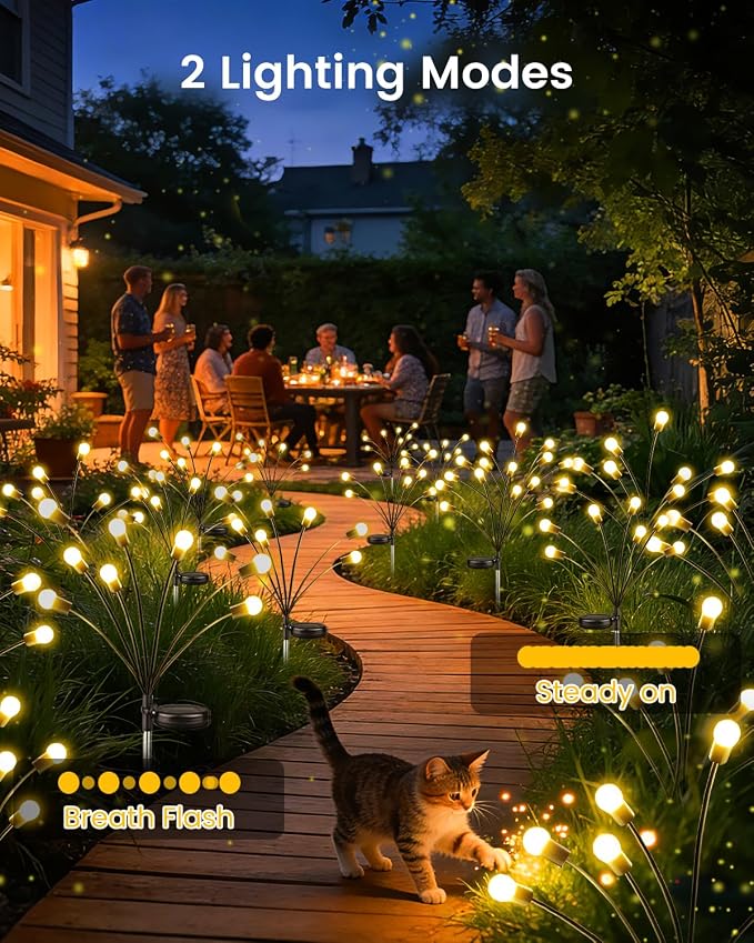 OZS 8 Pack Total 64 LED Solar Firefly Lights Fairy Outdoor - Solar Garden Lights Outdoor, Sway by Wind, Waterproof for Garden Patio Pathway Fairy Decor (Warm White)