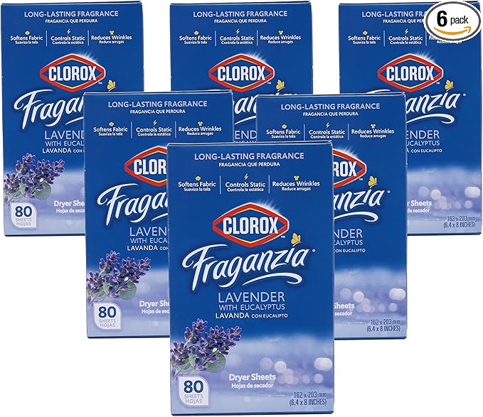 Clorox Fraganzia Fabric Softener Dryer Sheets Lavender with Eucalyptus Scent Wrinkle Reducing Anti-Static Softens Fabrics Fresh Smelling Clothes Linens 80 Count 6 Pack