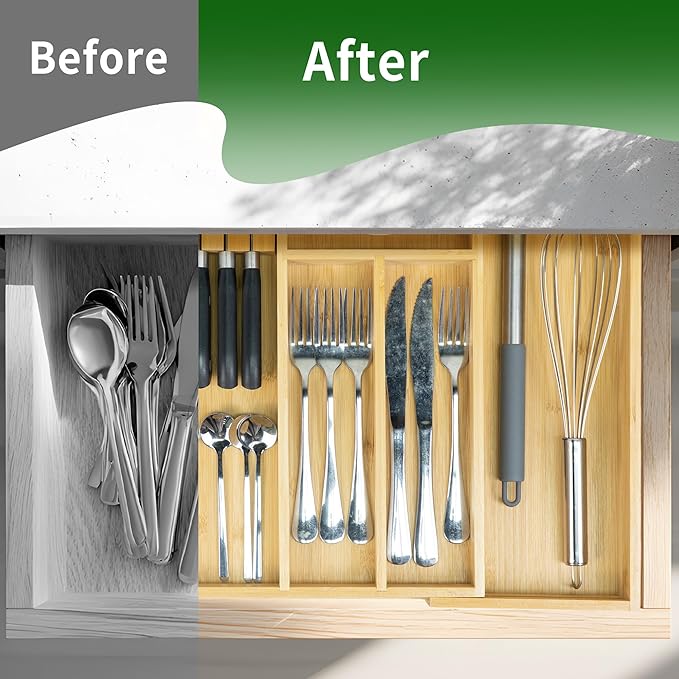 VaeFae Bamboo Silverware Drawer Organizer Kitchen, Expandable Utensil Organizer with Knife Block, Cutlery Tray with Divider, Multifunctional Drawer Organizer