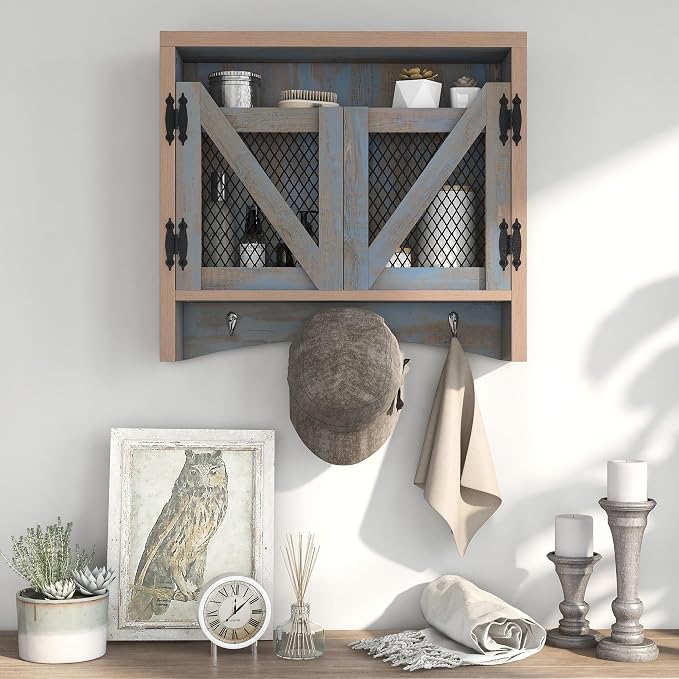 UNA Farmhouse 2 Shelves Wood Wall Cabinet with Net Doors for Bathroom, Kitchen, Living Room, Bedroom, Home Office, Laundry Room, Distressed Blue