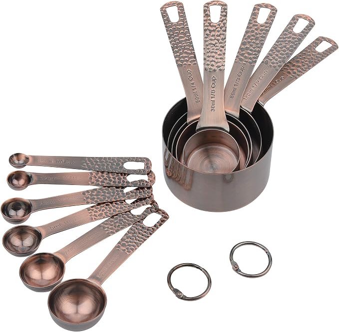 Copper Plated Measuring Cups and Spoons set, Stainless Steel Measuring Cups and Spoons Set for Baking & Kitchen, Cute Metal Metric & US Measure Cup and Spoon with Leveler & 1/8 Cup