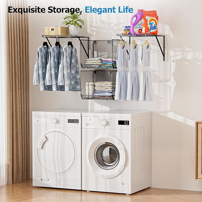2 Pack Laundry Room Shelves Organization and Storage,Wall Mounted Clothes Drying Rack with Wire Mesh Basket Over Washer and Dryer, (Black, 2 Pack)