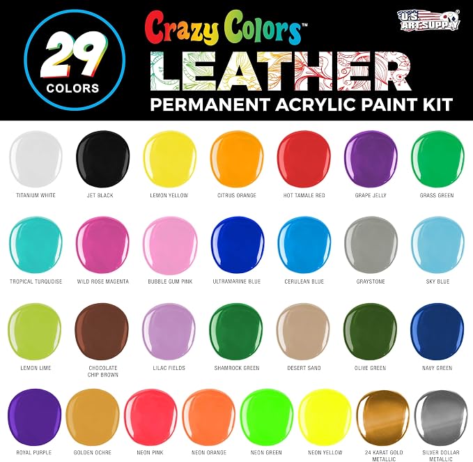 Crazy Colors Premium Acrylic Shoe & Leather Paint Kit 29-Color with 4 Brushes (1 oz Bottles) - Acrylic Leather Paint for Shoes, Sneakers, Jackets, Bags, Purses, Furniture