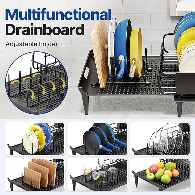 Urackify Expandable Dish Drying Rack with Drainboard for Kitchen Counter | Expands from 16.9 to 26.6 inches to fit more dishes, plates with fast drainage and flexible placement for any sink