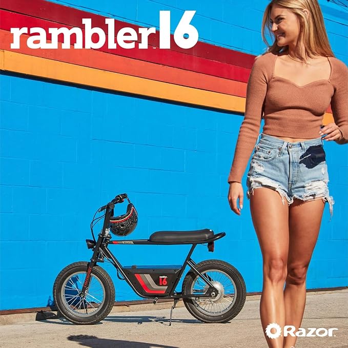 Razor Rambler 16 – 36V Electric Minibike with Retro Style, Up to 15.5 MPH, Up to 11.5 Miles Range, Wide, Rugged 16" Air-Filled Tires, Powerful 350 Watt Hub-Driven Motor | 140 lb Max Weight – 24V Battery, Up to 14 Mph, 30-Min Ride Time, Twist-Grip Throt...