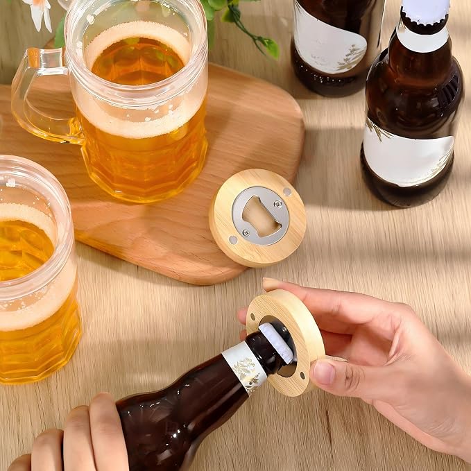 Vesici 50 Pcs Magnetic Bottle Opener 2.5in DIY Bamboo Round Shape Beer Openers Wooden Fridge Magnet Refrigerator Sticker Gift for Beer Lover Wedding Guest Kitchens Bars Parties