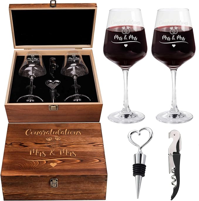 Congrats Mrs. & Mrs. Wedding Wine Glass Set, Lesbian, Wooden Box | Engraved Wine Glasses, Set Of 2, Congratulations Mrs And Mrs, Lesbian Wedding, Wooden Keepsake Box, Bottle Stopper, Corkscrew