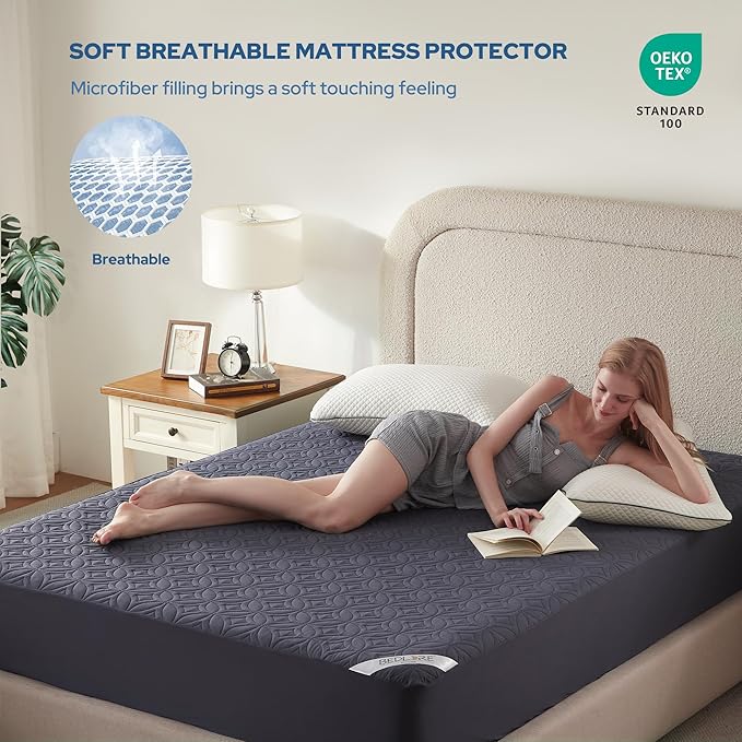 BEDLORE Waterproof Mattress Protector, King Size Mattress Pad with Deep Pocket 6"-18" Depth, Soft Dirt-Proof Double Bed Mattress Cover for Bedroom, College Dorm, Hotel (Navy Blue)