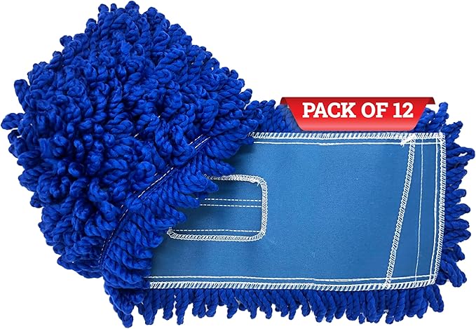 KLEEN HANDLER 18 Inch Microfiber Dust Mop Bulk Pack of 12, Large Washable Commercial Mop Head Replacement, Sweeper, Janitorial Supplies, Blue