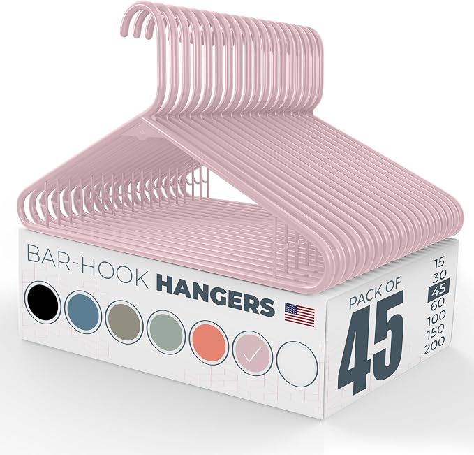 Plastic Hangers 45 Pack – Made in The USA – 6lb Capacity Standard Clothes Hangers with Strap Hooks for Dresses, Lingerie, Shirts, Pants, and Jackets – Pink