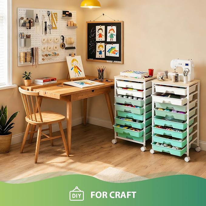 Goovilla Rolling Cart with Drawers, Utility Cart Organizer With 8 Removable Drawers and Wooden Tabletop, Lockable Rolling Storage Organizer for Art, Classroom, Home, Dorm, Office, Craft Storage, Green