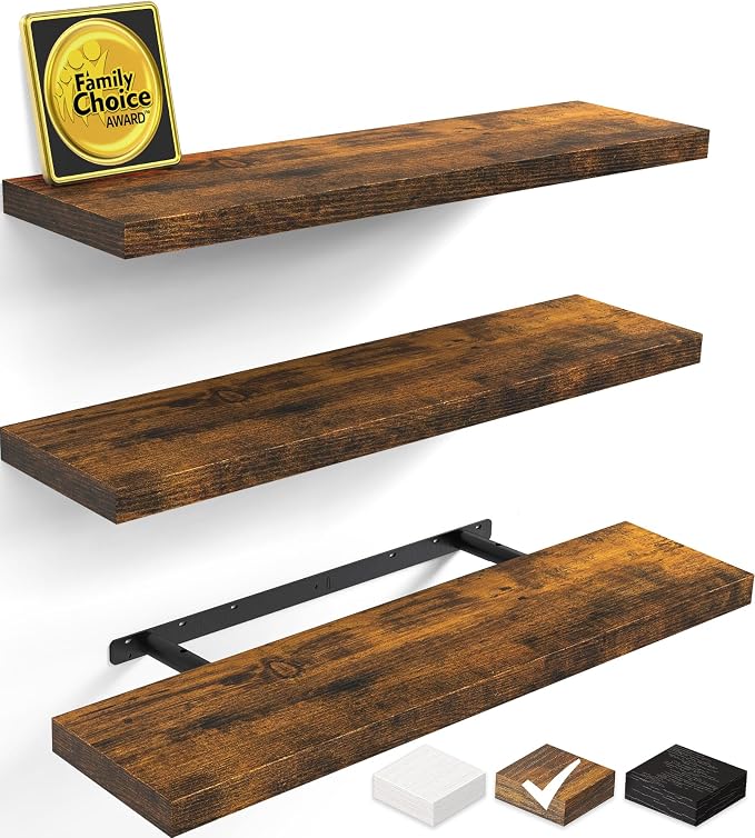 BAYKA Floating Shelves for Wall, Set of 3, 35.4 Inches Wall Mounted Wood Shelves for Bathroom, Bedroom, Living Room or Kitchen, Hanging Shelf for Books/Storage/Decor with 30lbs Capacity, Rustic Brown