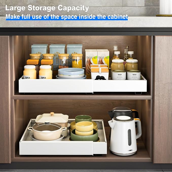 Mustorn 2 Pack Pull Out Cabinet Organizer, Expandable Slide Out Drawers for Kitchen Cabinets Peel and Stick Pullout Drawer Heavy Duty Sliding Shelves for Cupboard, Pantry, Bathroom(16.5" Deep, White)