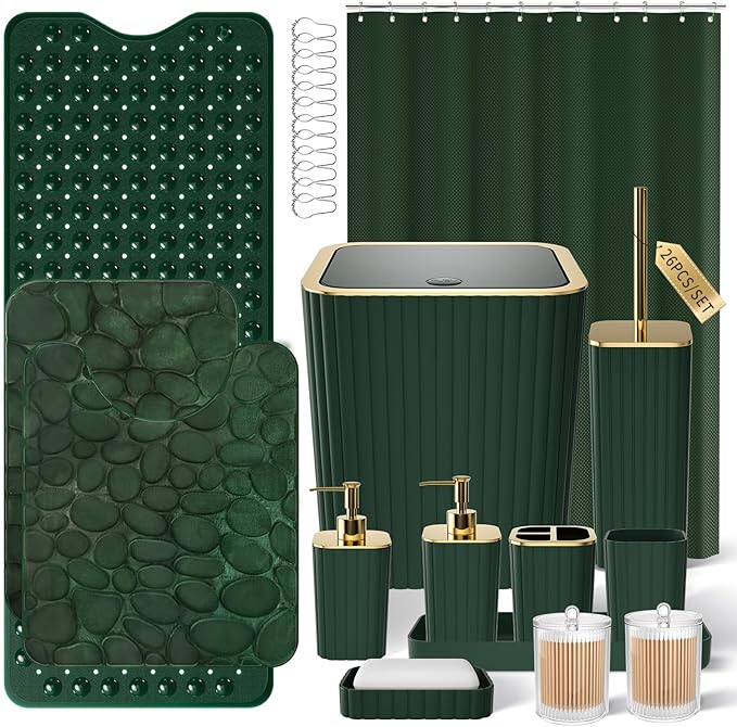 XLHOMO 26PC Bathroom Accessories Set - Gorgeous Green Bathroom Set, Bathroom Accessory Set, Shower Curtain Set with Bathtub Mats for Shower Tub, Trash Can & Soap Dispenser