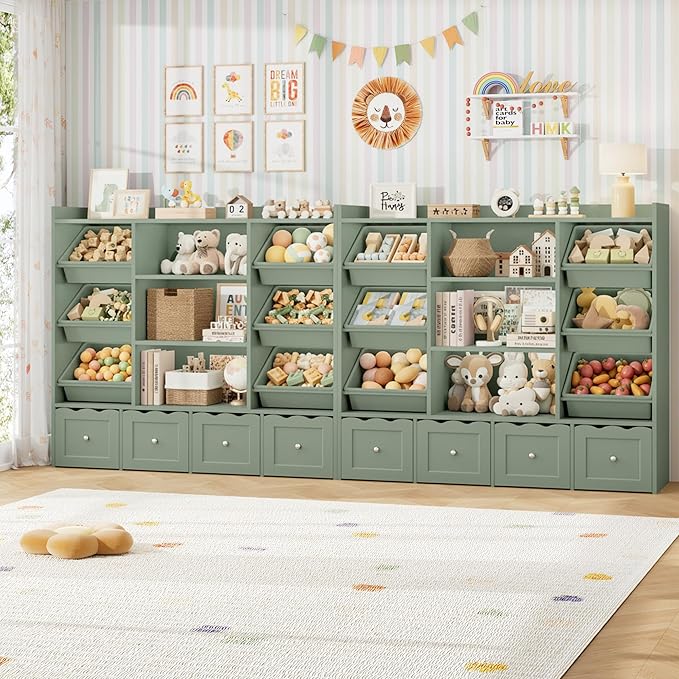 HITHOS 55" W Kids Toy Storage Organizer with 10 Toy Box & Book Shelf, Green | Large Toy Organizers and Storage with Kids Bookshelf & 6 Plastic Toy Chests & 4 Movable Drawers for Kids Room, Playroom
