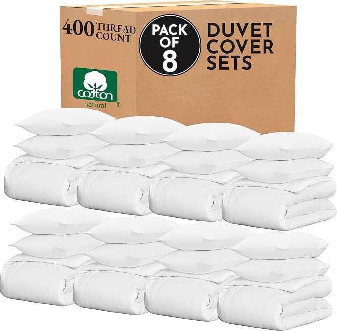California Design Den Bulk Pack of 8 Queen Duvet Cover Sets - 400 Thread Count 100% Cotton Sateen, Case Includes 8 Duvet Covers and 16 Pillow Shams (White)