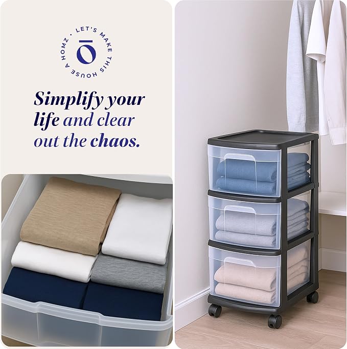 HOMZ 2-Pack Drawer Tower, 3-Tier Clear Plastic Storage Organizer Cart, Black Frame - Organizing Containers with Wheels for Home, Bathroom, Bedroom, Office, and Classroom